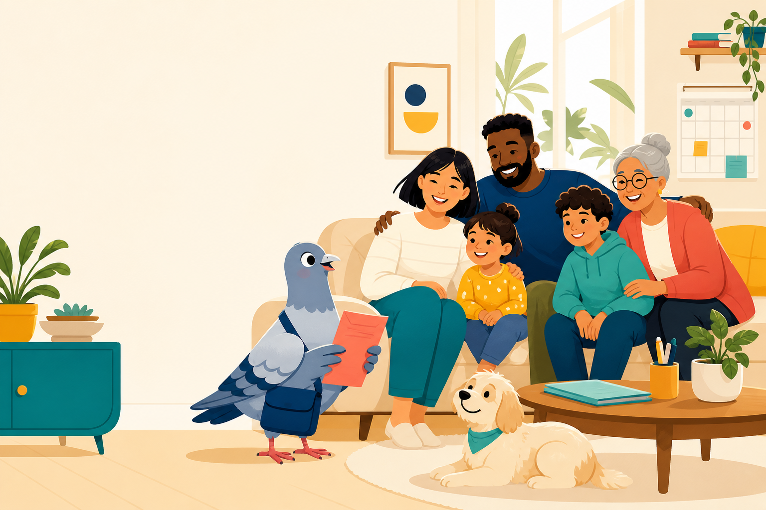 A warm, diverse family together with the Tell Pigeon messenger